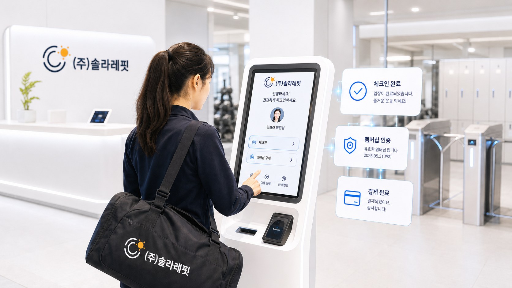 실제 시설에서 회원이 솔라레핏 키오스크로 체크인·멤버십 인증·결제하는 모습